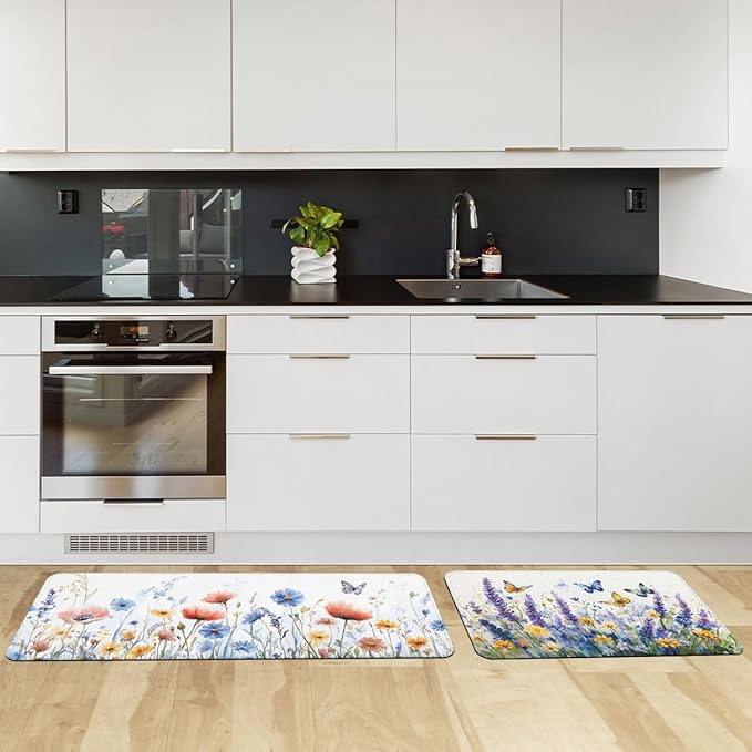 2 Piece Floral Kitchen Decor Rugs Set, Colorful Poppy Butterfly Daisy Flower Kitchen Rugs and Mats Non Skid Washable Absorbent Kitchen Accessories Decoration Floor Mats 17"x47"+17"x30"
