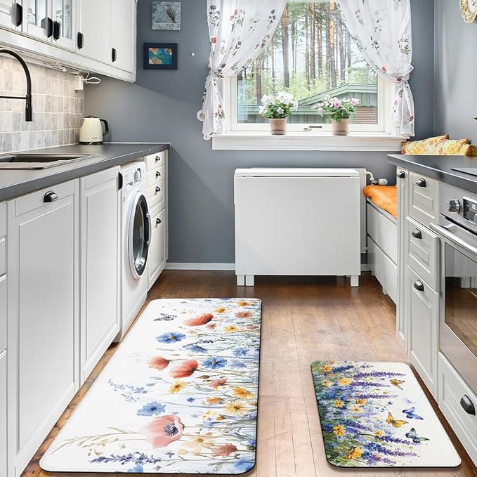 2 Piece Floral Kitchen Decor Rugs Set, Colorful Poppy Butterfly Daisy Flower Kitchen Rugs and Mats Non Skid Washable Absorbent Kitchen Accessories Decoration Floor Mats 17"x47"+17"x30"