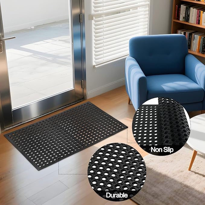 Anti Fatigue Rubber Floor Mats, 24 x 36 Inch Non-Slip Restaurant Mat Door Mat Drainage Mat for Indoor Outdoor Wet Area, Pool Entry, Garden - Black