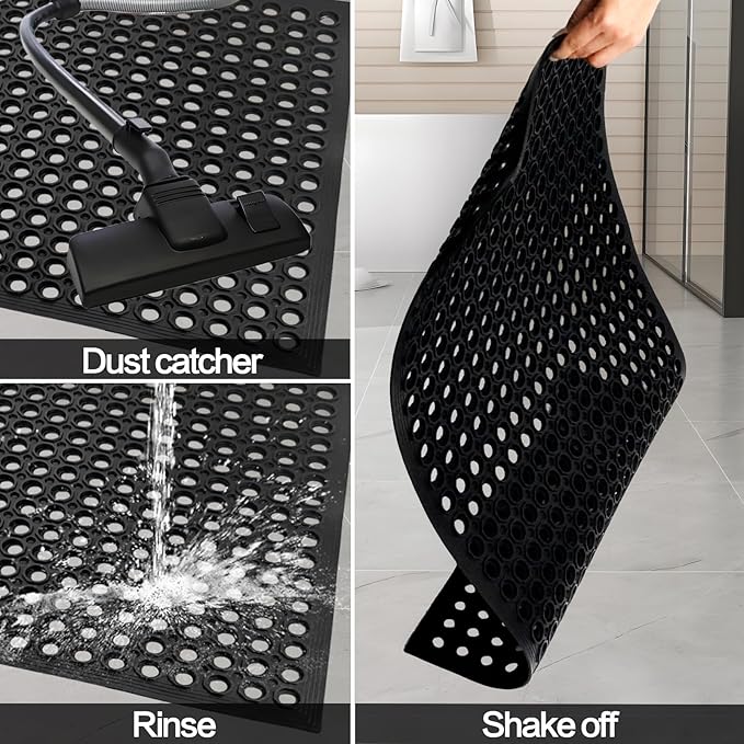 Anti Fatigue Rubber Floor Mats, 24 x 36 Inch Non-Slip Restaurant Mat Door Mat Drainage Mat for Indoor Outdoor Wet Area, Pool Entry, Garden - Black